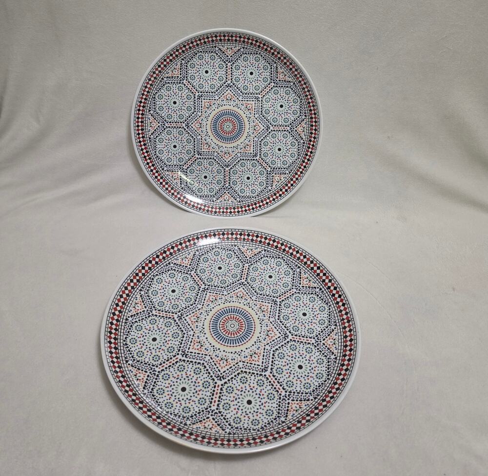 Vintage Style Melamine Ware Moroccan Zellige Mosaic Serving Plates - Set of 2